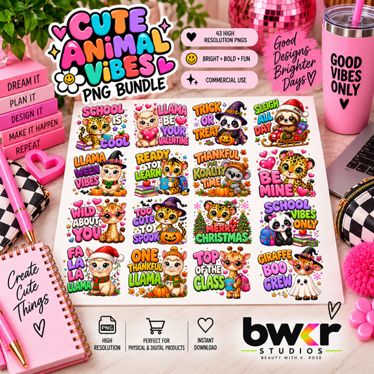 Cute Animal Vibes PNG Mega Bundle | 43 Colorful Designs
