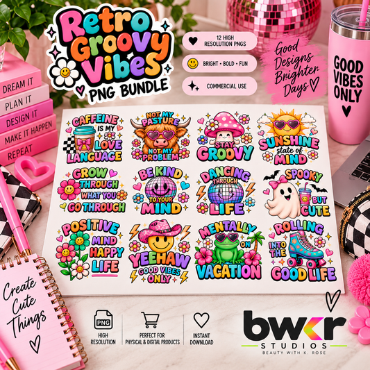 Retro Groovy Vibes PNG Bundle | 12 Colorful Sublimation Designs | Instant Download