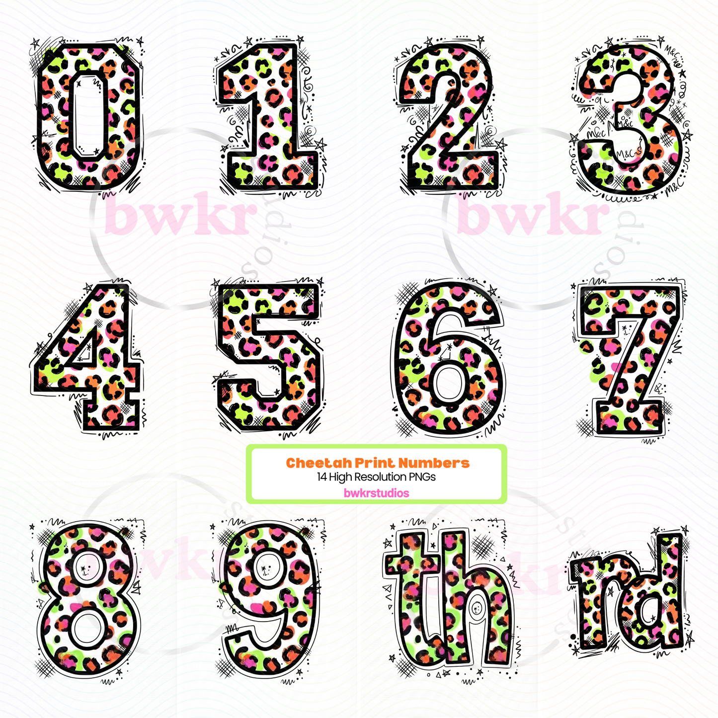 Cheetah Print Numbers PNG Bundle | 0-9 | Retro Neon Leopard Number Set | High Resolution Instant Download