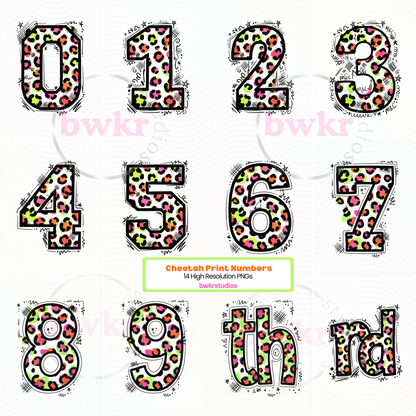 Cheetah Print Numbers PNG Bundle | 0-9 | Retro Neon Leopard Number Set | High Resolution Instant Download