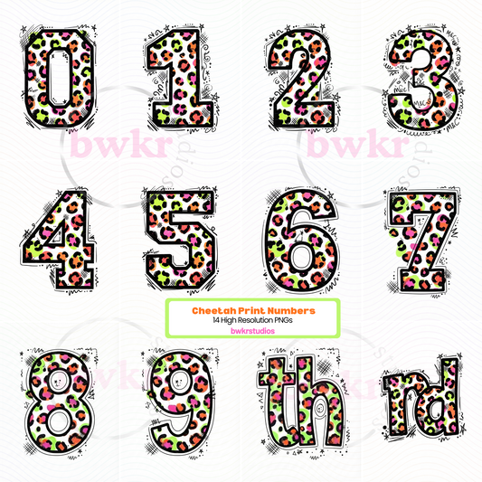 Cheetah Print Numbers PNG Bundle | 0-9 | Retro Neon Leopard Number Set | High Resolution Instant Download
