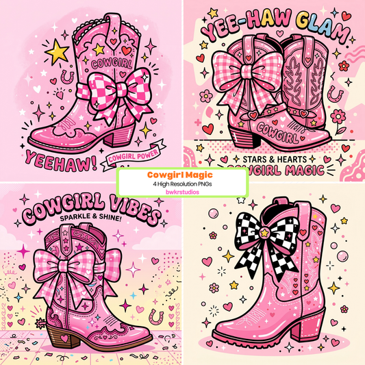 Cowgirl Magic PNG Bundle | 4 Western Coquette Cowgirl | High Resolution Digital Download