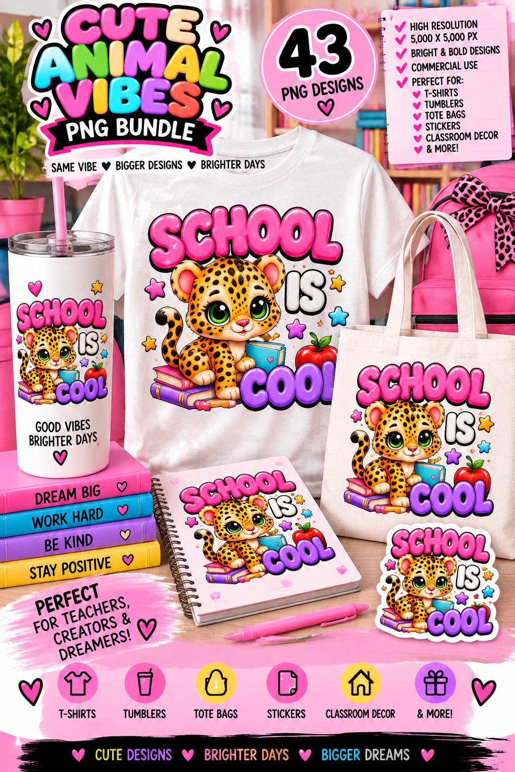 Cute Animal Vibes PNG Mega Bundle | 43 Colorful Designs