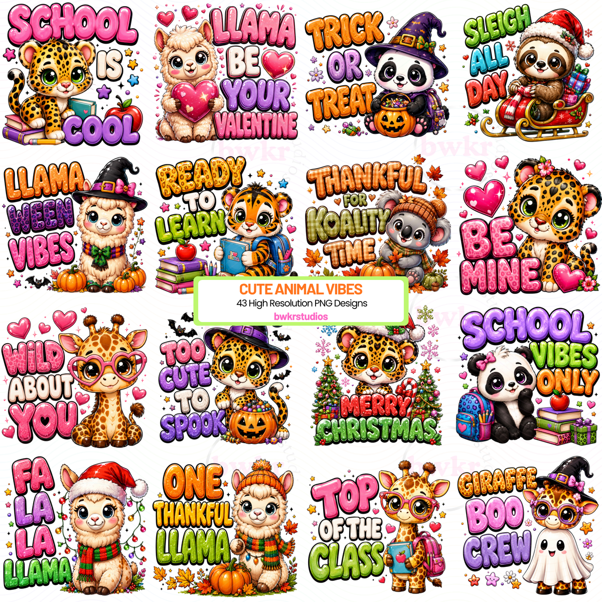 Cute Animal Vibes PNG Mega Bundle | 43 Colorful Designs