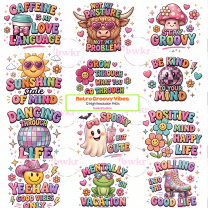 Retro Groovy Vibes PNG Bundle | 12 Colorful Sublimation Designs| Instant Download