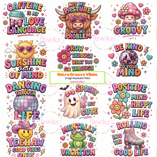 Retro Groovy Vibes PNG Bundle | 12 Colorful Sublimation Designs| Instant Download