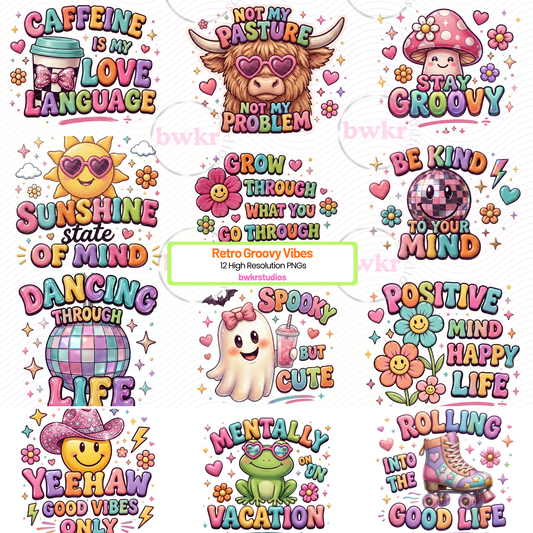 Retro Groovy Vibes PNG Bundle | 12 Colorful Sublimation Designs | Instant Download